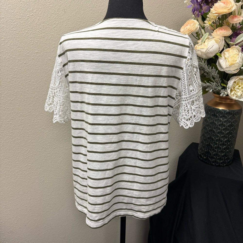 Allison Daley Striped Crochet Lace Yoke Short Sleeve Blouse Top XL White Tan - Picture 3 of 8